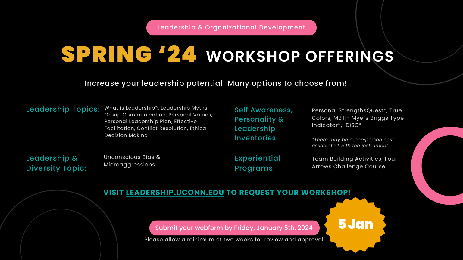 Flyer for Leadership & Organizational Development's Spring 2024 workshop offerings. Flyer reads: Increase your leadership potential! Many options to choose from. Workshop offerings include: General leadership topics such as What is Leadership?, Leadership Myths, Group Communication, Personal Values, Personal Leadership Plans, Effective Facilitation, Conflict Resolution, and Ethical Decision Making. Leadership and Diversity topics such as Unconscious Bias and Microaggressions. Self-Awareness, Personality and Leadership Inventories topics include: Personal StrengthsQuest, True Colors, MBTI (Myers Briggs Type Indicator), and DiSC. For these topics there may be a per-person cost associated with the instrument. Experiential Programs are also available through Four Arrows Challenge Course. Submit your webform by Friday, January 5, 2024. Please allow a minimum of two weeks for review and approval.